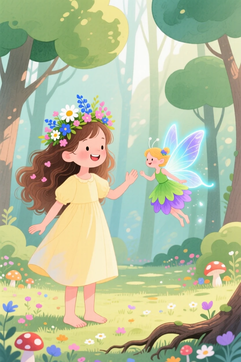 A barefoot girl with flowers in her hair meeting a tiny fairy with glowing wings in an enchanted forest.