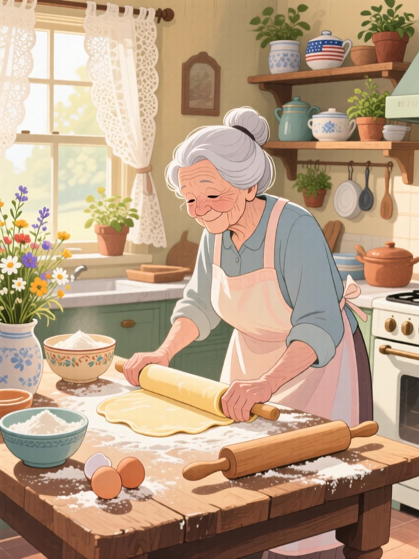 A grandmother rolling out fresh pasta dough on a flour-dusted wooden table, filled with the warmth of a home-cooked welcome.