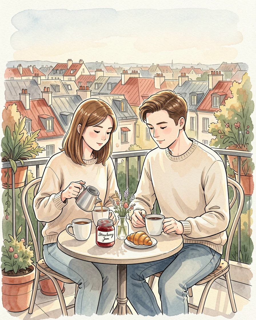 A young couple sharing a quiet breakfast on a sunlit balcony overlooking the rooftops, a feeling of quiet contentment throughout the moment.