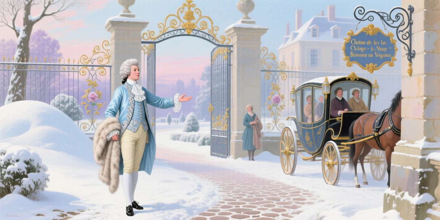 A prince welcoming travelers at a snow-covered estate entrance  