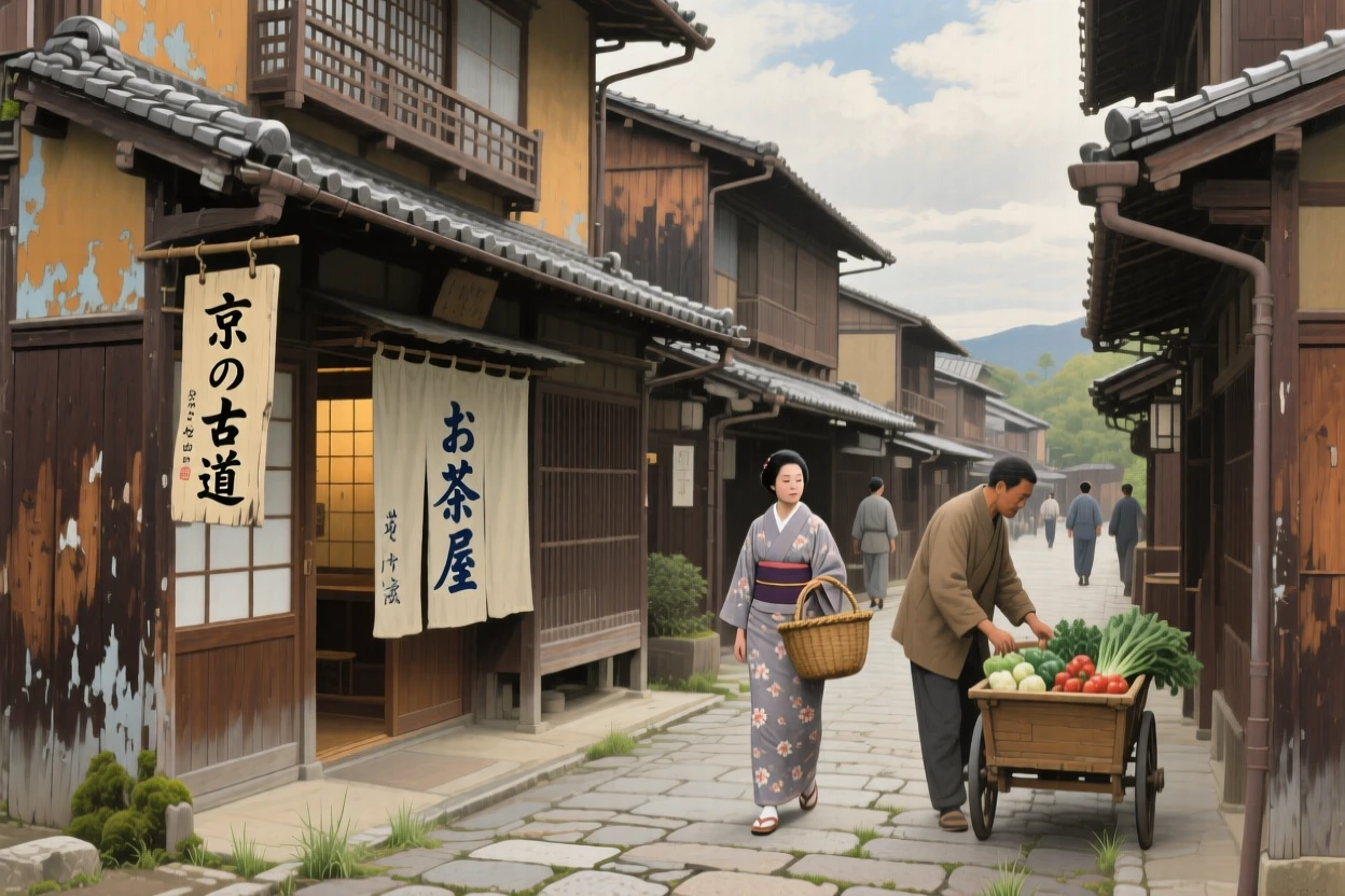 A quiet Kyoto street lined with traditional wooden machiya houses, with centuries of history visible in every weathered detail, designed to transport the viewer directly into the scene