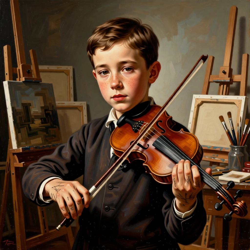 A young boy proudly holding his first violin pausing as if interrupted by an unseen presence, set in an artist's cluttered studio strewn with canvases, with worn hands and a face lined by years of quiet labor; a tight three-quarter portrait draws focus entirely to the expression, suggesting a private world just glimpsed by the viewer.