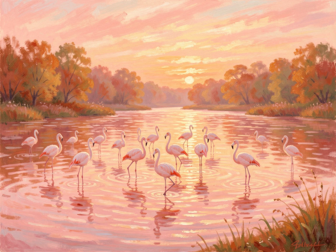 A flock of flamingos wading through a rose-colored lagoon at sunset, in the golden days of autumn, inspiring awe at the beauty of the scene.