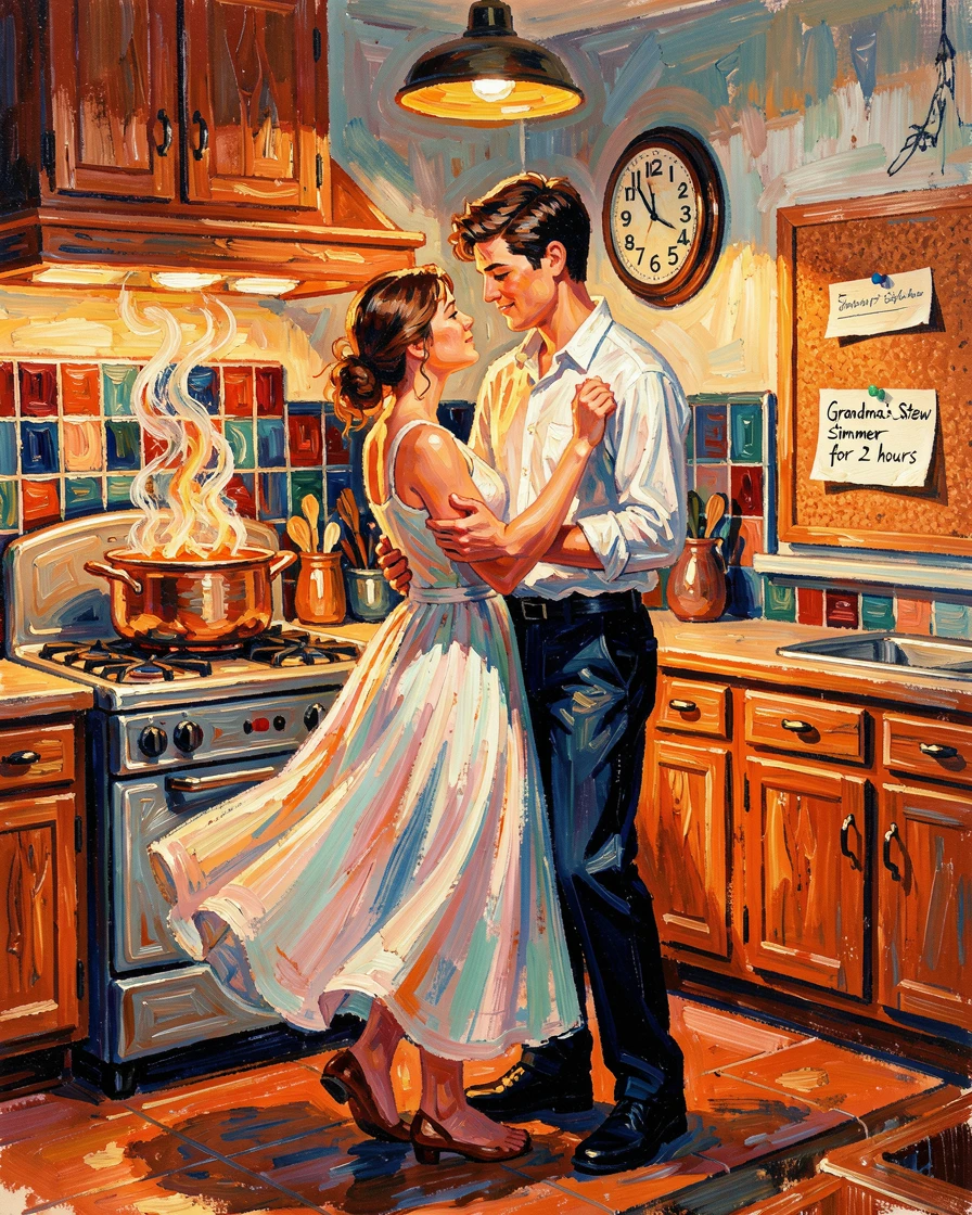 A young couple slow dancing in the kitchen while dinner simmers on the stove.