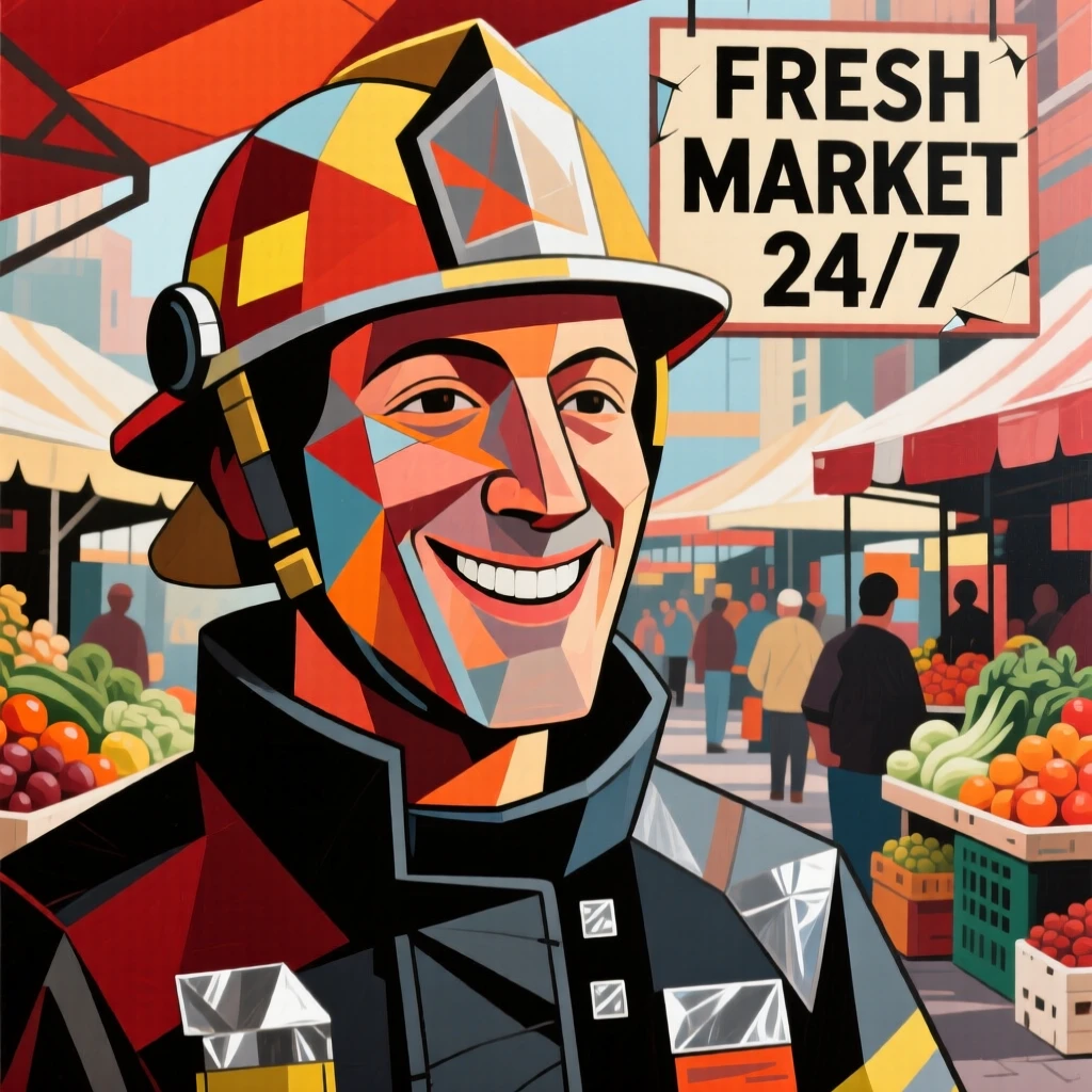 A close-up portrait of a firefighter smiling gently amid the quiet hum of a busy market.