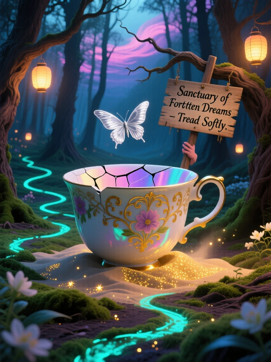A giant teacup resting in the middle of a quiet forest clearing rests half-buried in drifting golden sand, while tiny paths have been worn into the ground around it.