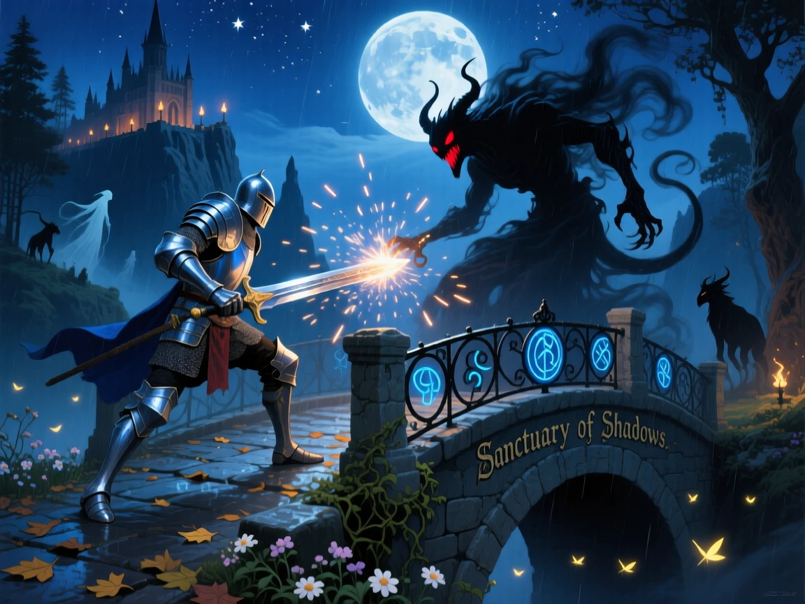 A battle between a knight and a shadow demon unfolds on a moonlit bridge, sparks flying as steel meets dark energy, the scale of the scene emphasized by tiny details that suggest an entire hidden world beyond the frame.
