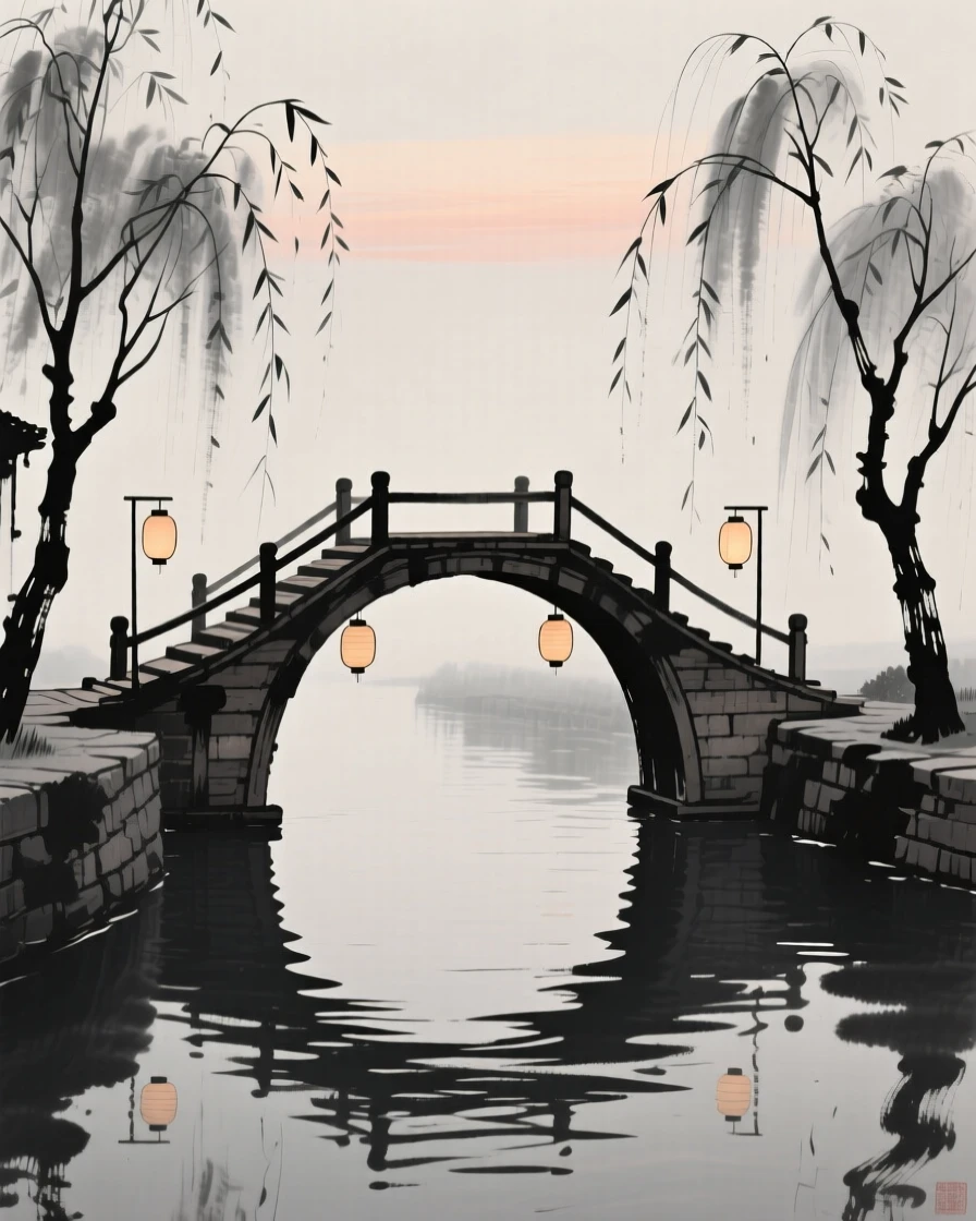 A wooden footbridge crosses a quiet canal lined with willow trees, with lanterns hanging along its railings.