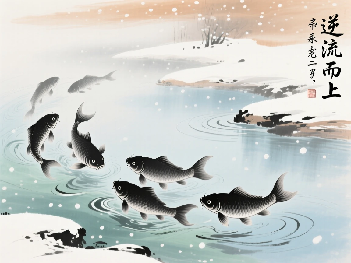 A group of carp swimming upstream against a gentle current, through swirling morning fog, under the first snow of winter.