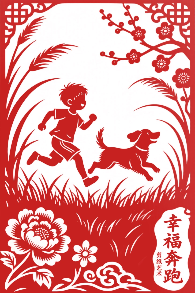 A boy and his dog running through a field of tall grass, both mid-leap with pure joy