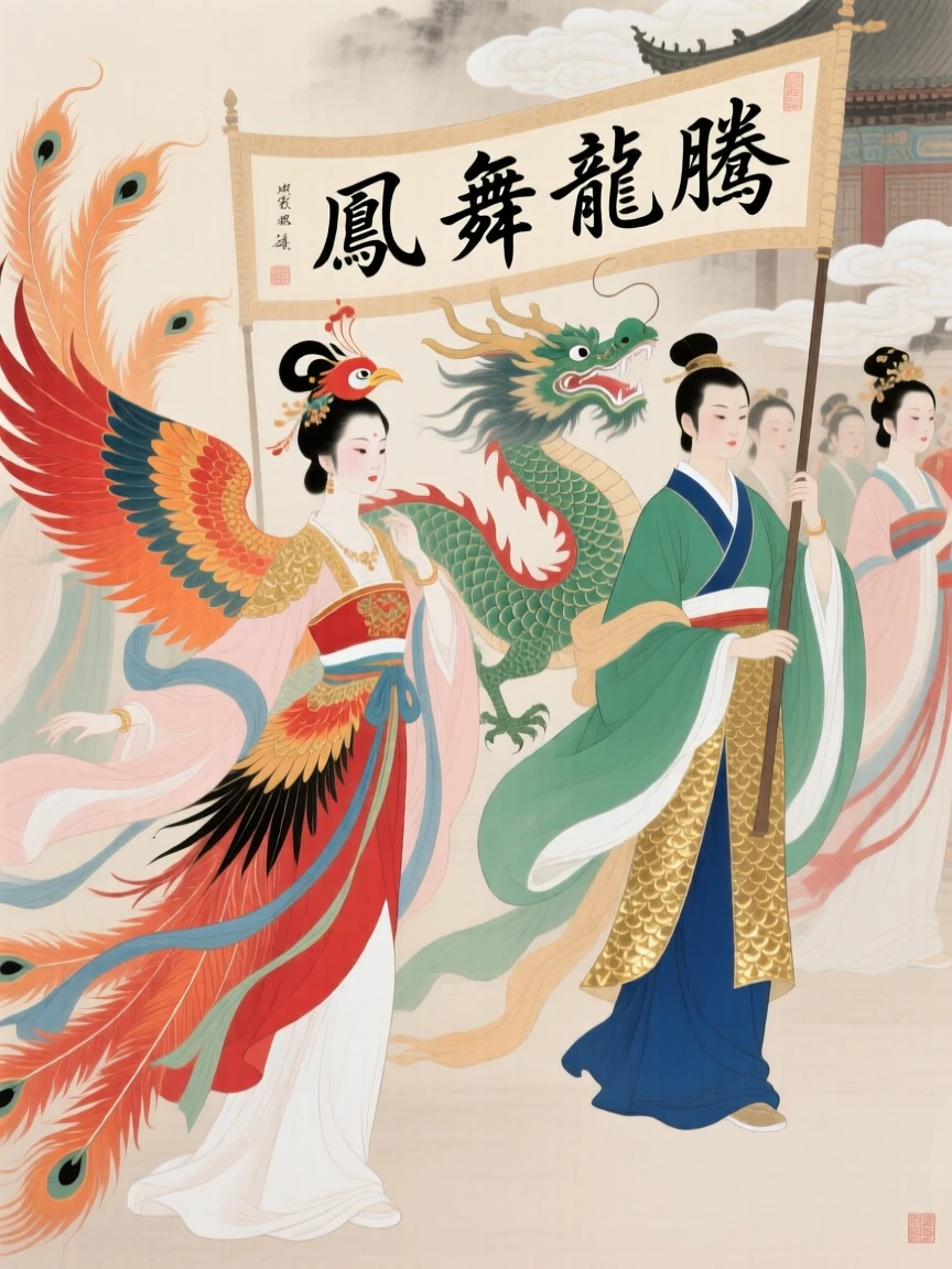 A parade of dancers wearing phoenix and dragon costumes