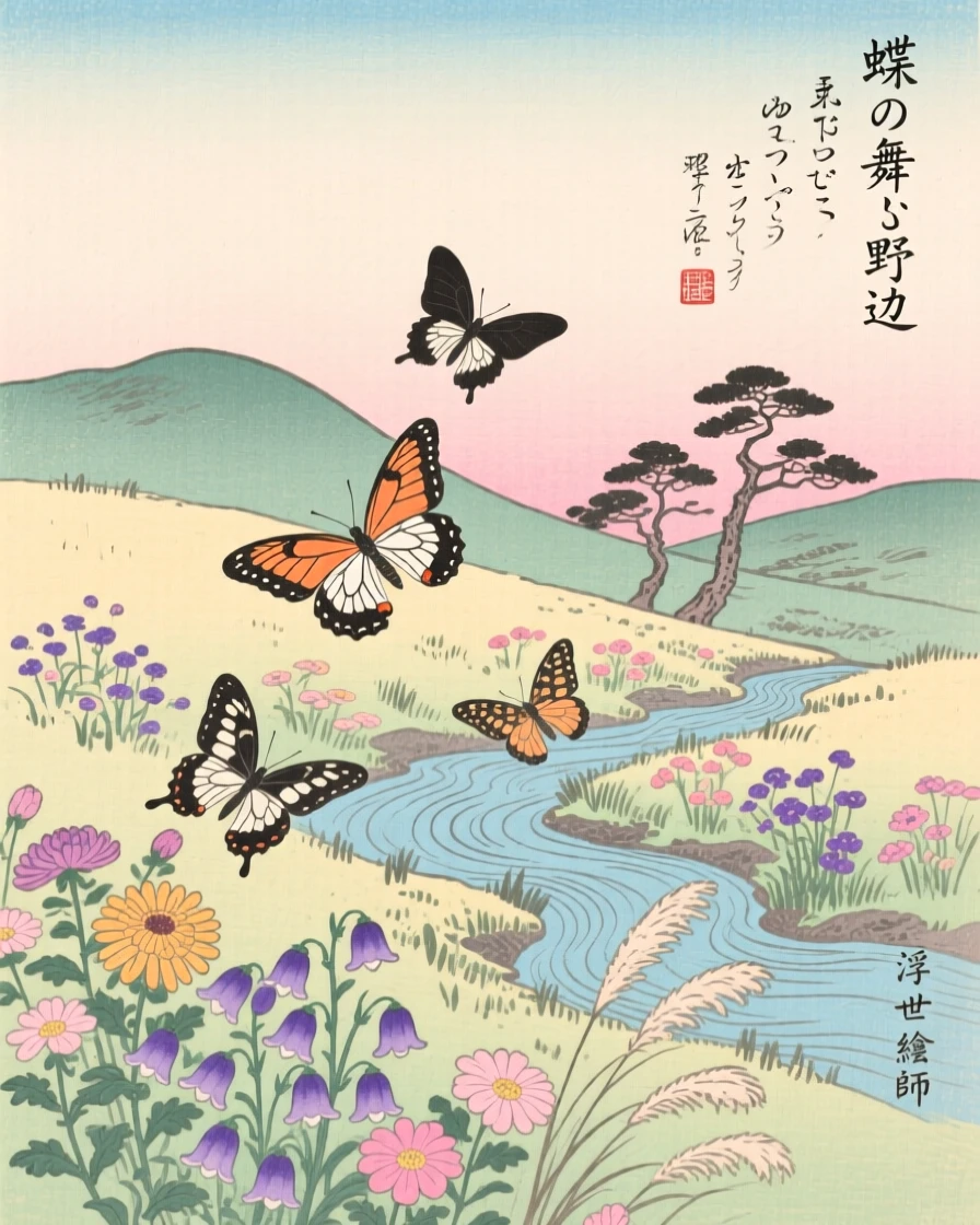 A cluster of butterflies drifting above a field of wildflowers.