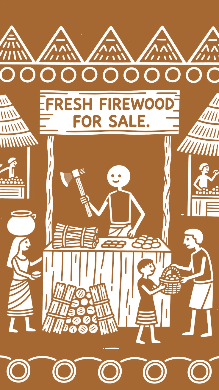 A woodcutter selling goods at a bustling village market.