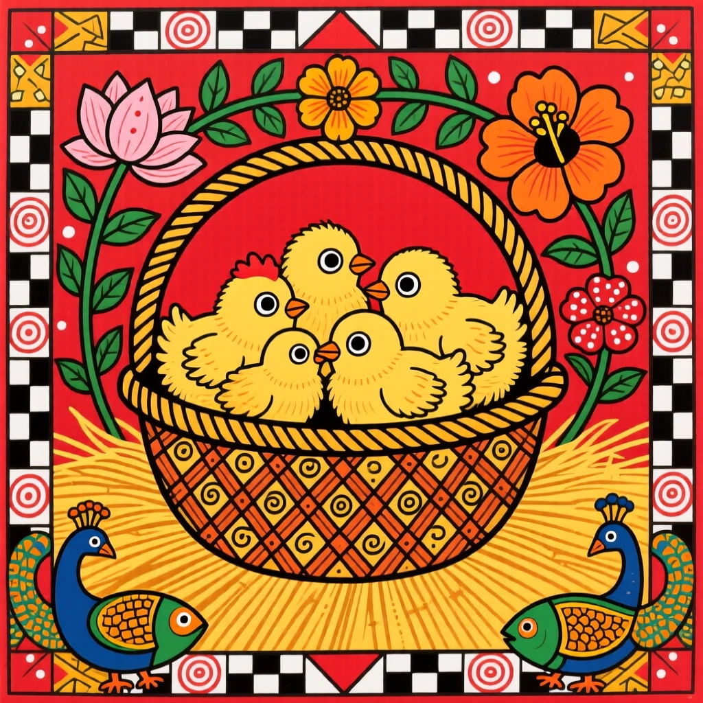 A basket of fluffy baby chicks nestled together in warm straw.