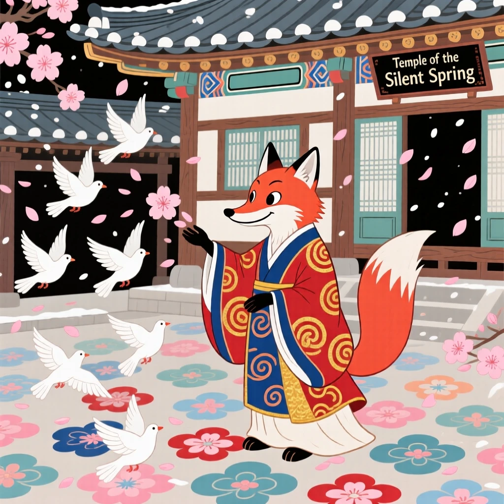 A wise old fox spirit releasing a flock of doves from a temple courtyard, as cherry blossoms fall like snow.