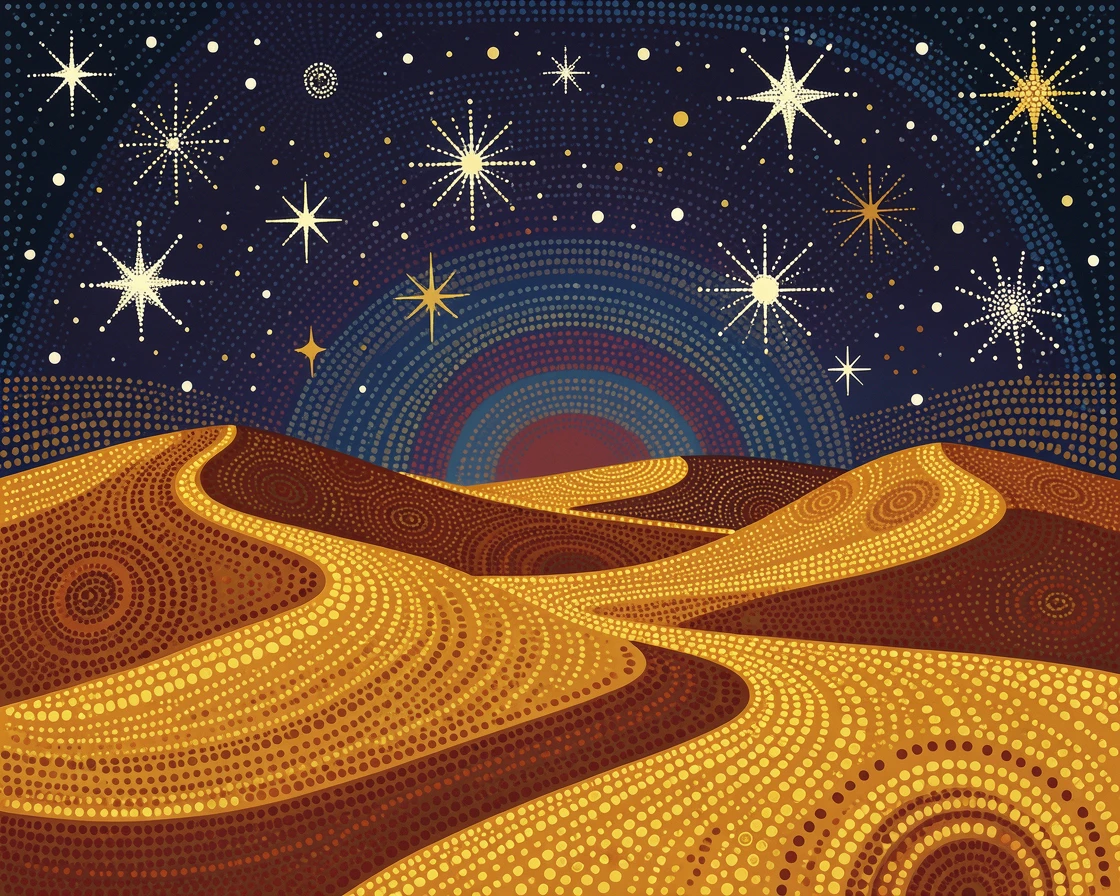 A golden dune sea beneath a starry night sky