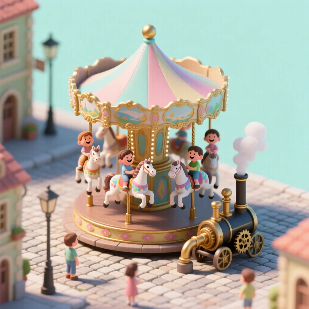 A steam-powered carousel turning in a town square, painted horses rising and falling, children laughing atop each one.