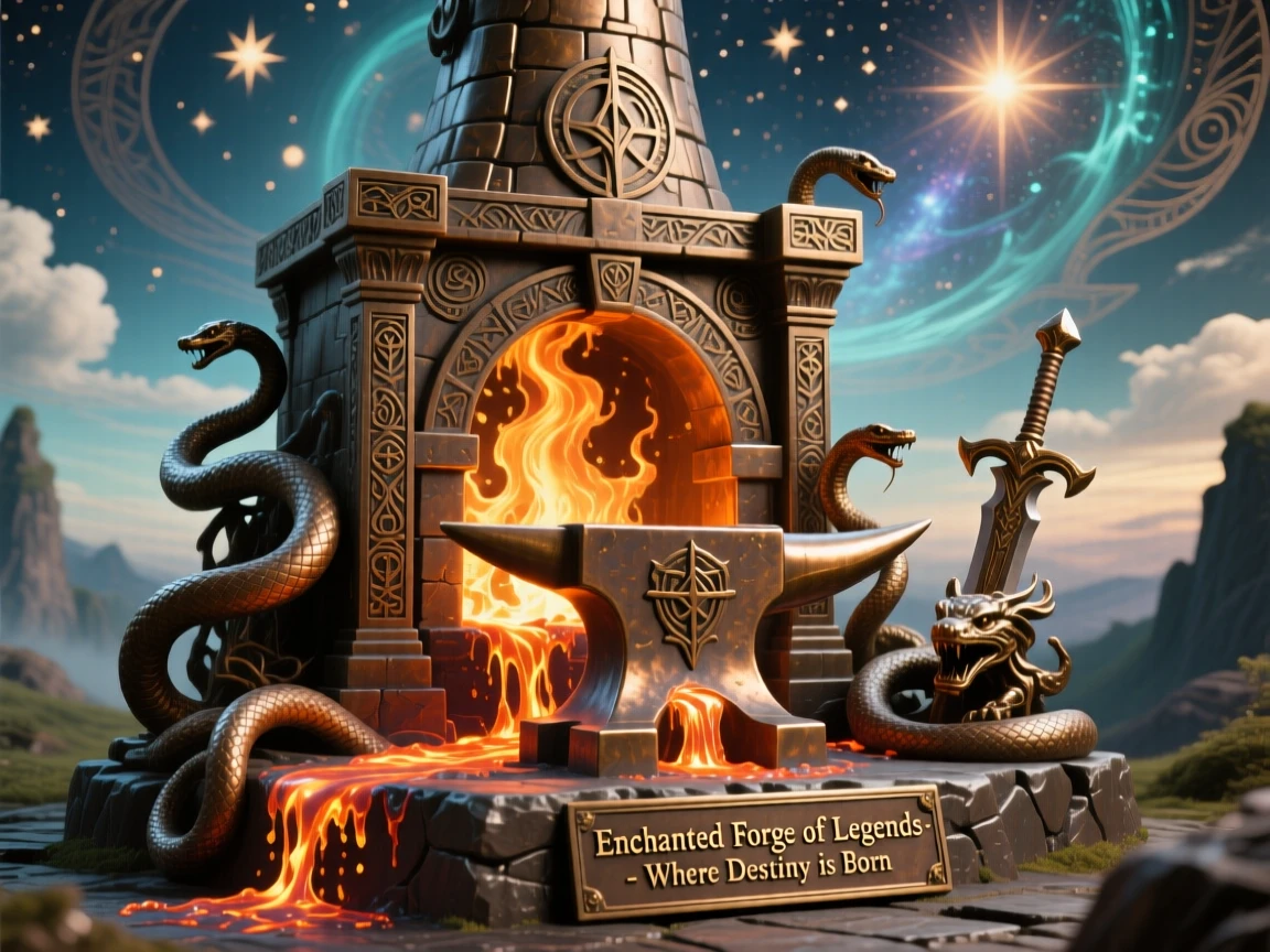 An enchanted forge where legendary weapons are born, set against a surreal, otherworldly sky, transporting the viewer to another world