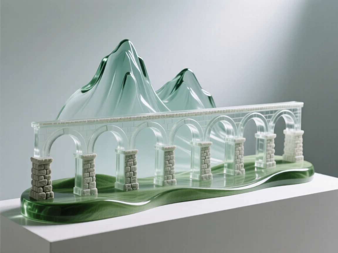 An ancient aqueduct stretching across a wide green valley with mountains rising steeply behind the old stone walls, while the sound of distant bells drifts across the square