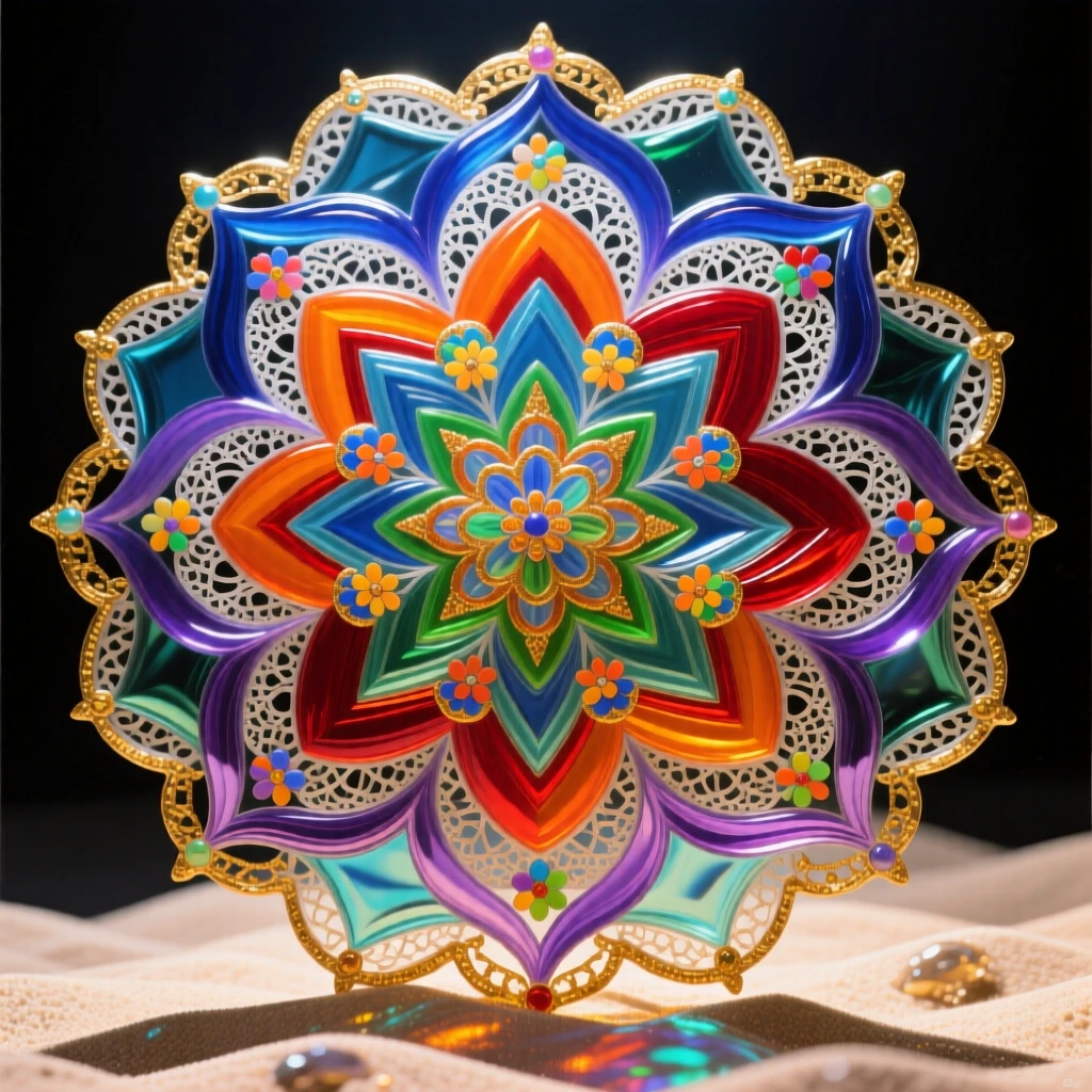 An intricate mandala drawn in colorful sand by devoted hands, meditative and symbolic.