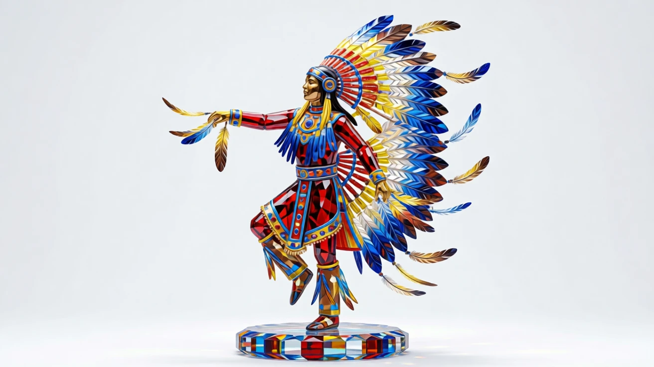 A traditional Native American powwow dancer in full regalia, feathers caught mid-motion.