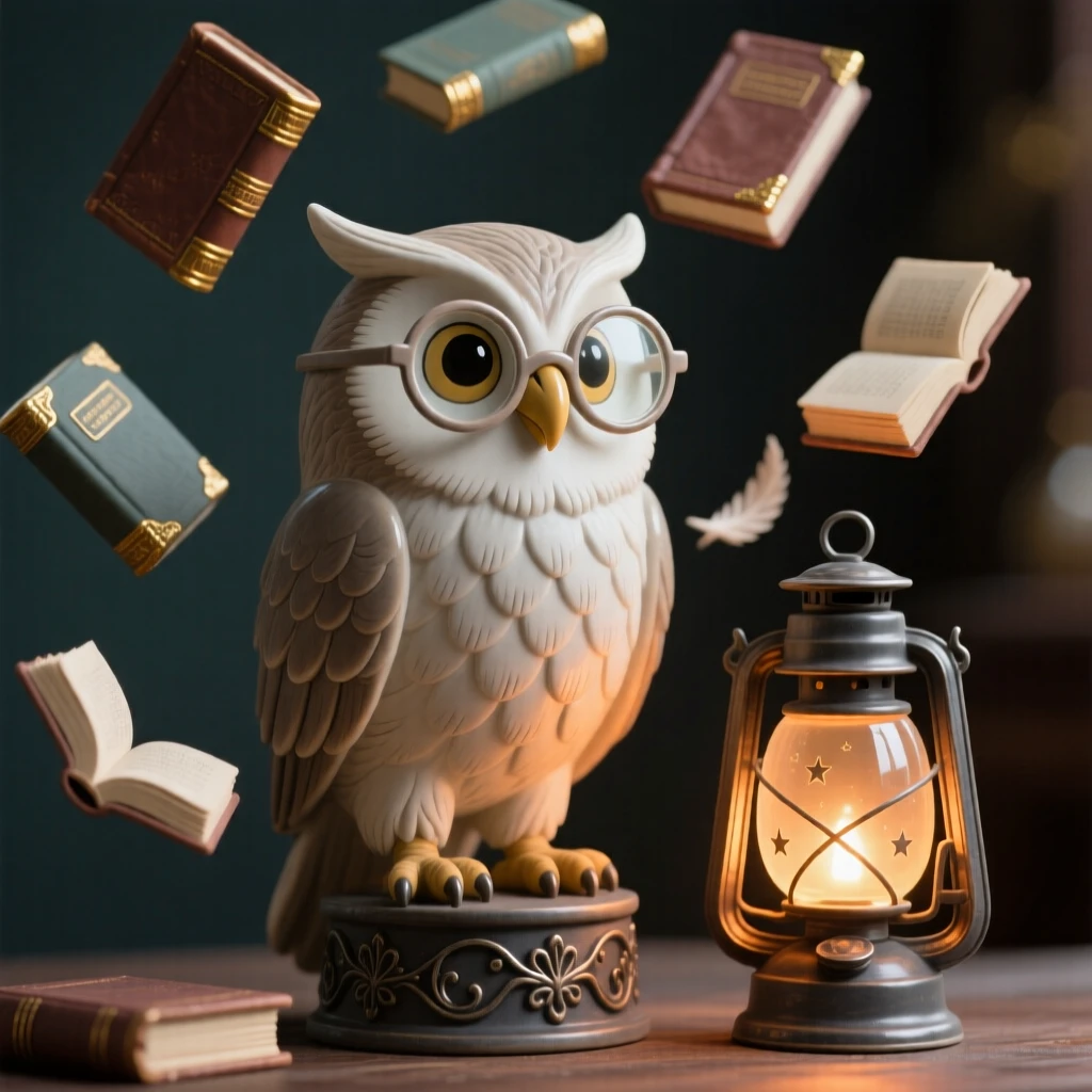 An owl librarian surrounded by tiny floating books captured mid-celebration with joyful energy, with warm lantern light glowing softly nearby, radiating coziness and storybook charm.
