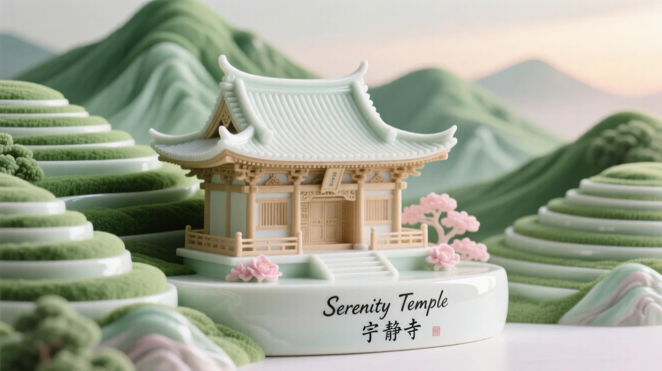 A serene mountain temple nestled in terraced green hillsides, bathed in the soft light of dawn.