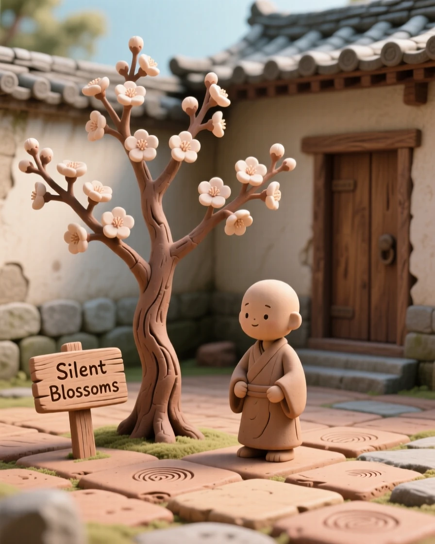 A quiet monastery courtyard with a single blossoming cherry tree