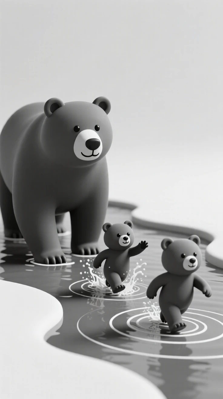 A family of bears wades together through a shallow stream, cubs splashing playfully behind their mother.