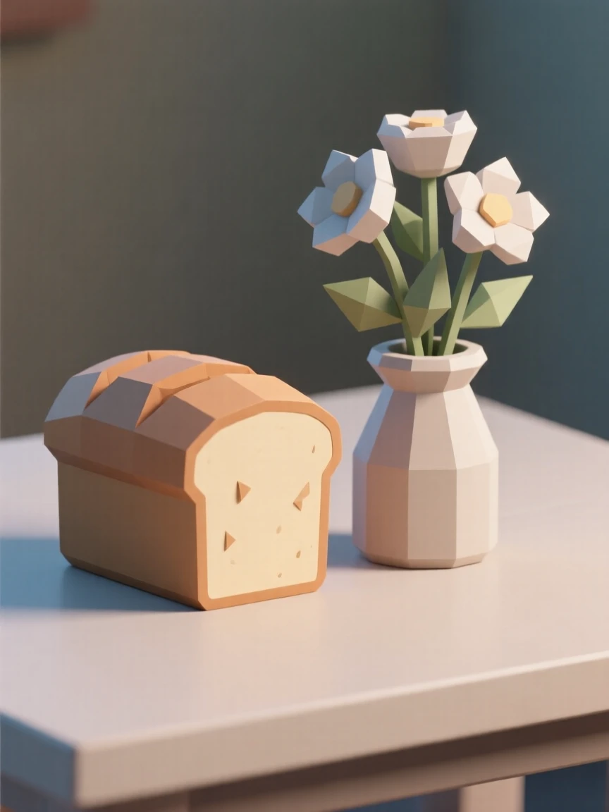 A rustic loaf of freshly baked bread, beside fresh flowers in a small vase. soft natural light highlights rich textures and colors. A cozy, relaxed feeling fills the scene.