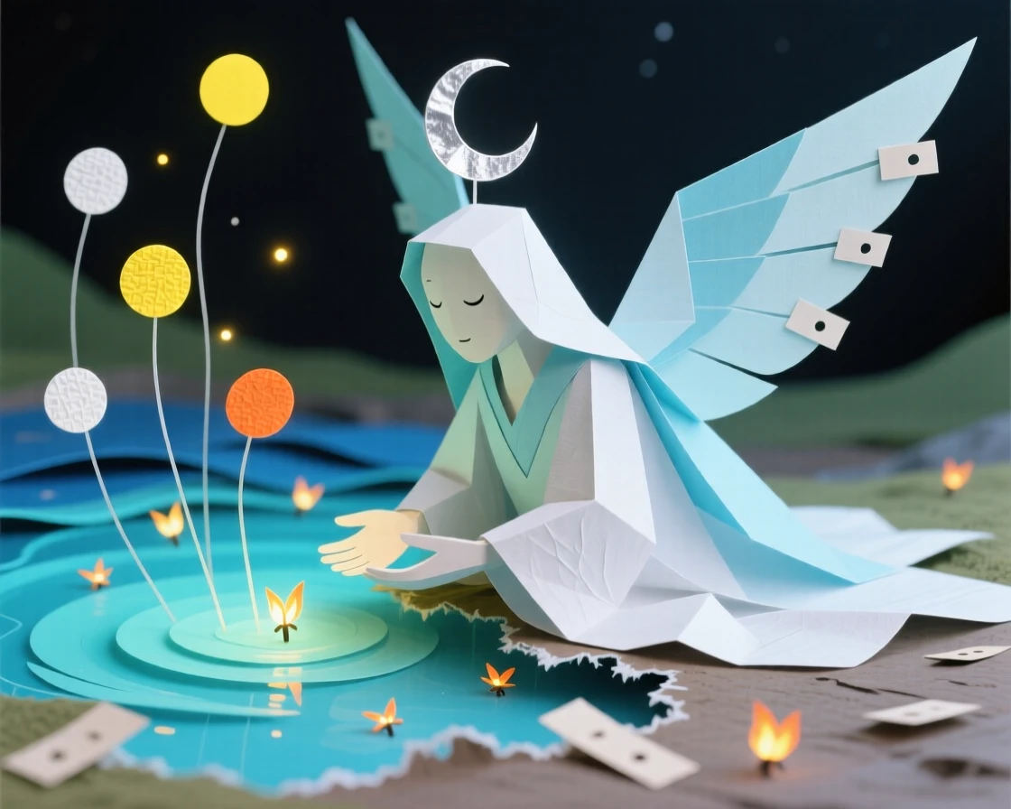 A celestial guardian resting beside a glowing mystical lake, with glowing particles floating like fireflies, conveying magic and quiet awe.