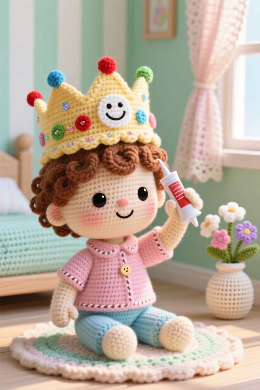 A tender everyday moment: a small child decorating a birthday crown with stickers and glitter glue, trying on the finished paper crown inside a sunlit bedroom with soft pastel walls; a small vase of fresh garden flowers completes the scene, full of a peaceful sense of home and belonging.