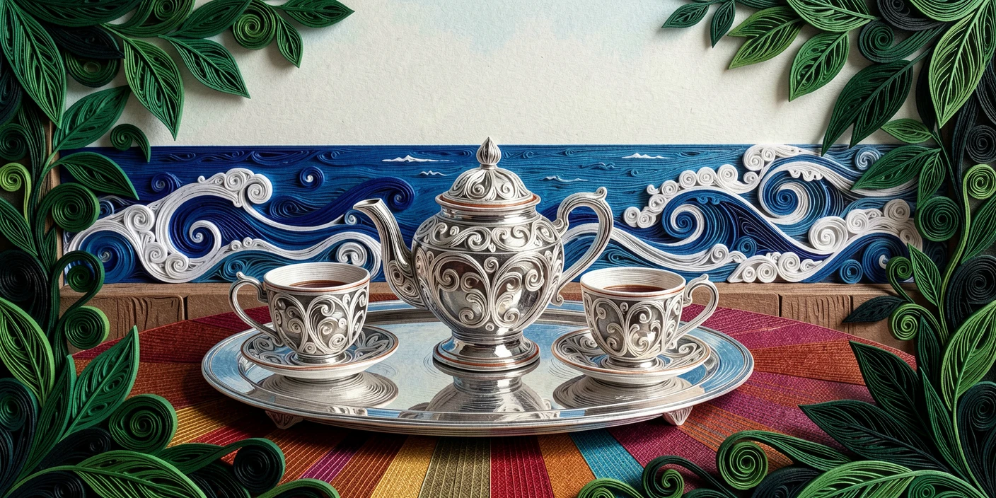 A sophisticated luxury scene of an elegant tea set arranged on a silver tray on a private terrace overlooking the Mediterranean, in deep jewel tones of emerald and sapphire, framed with rich, deep shadows for contrast.
