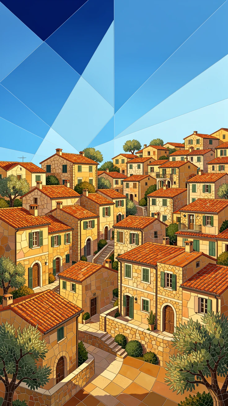 A breathtaking wide-angle view of a hillside Mediterranean village with terracotta rooftops, with rich warm lighting and fine architectural detail.