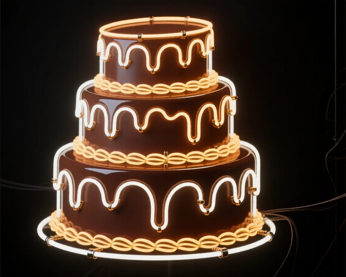 A towering three-layer chocolate cake drizzled with ganache.
