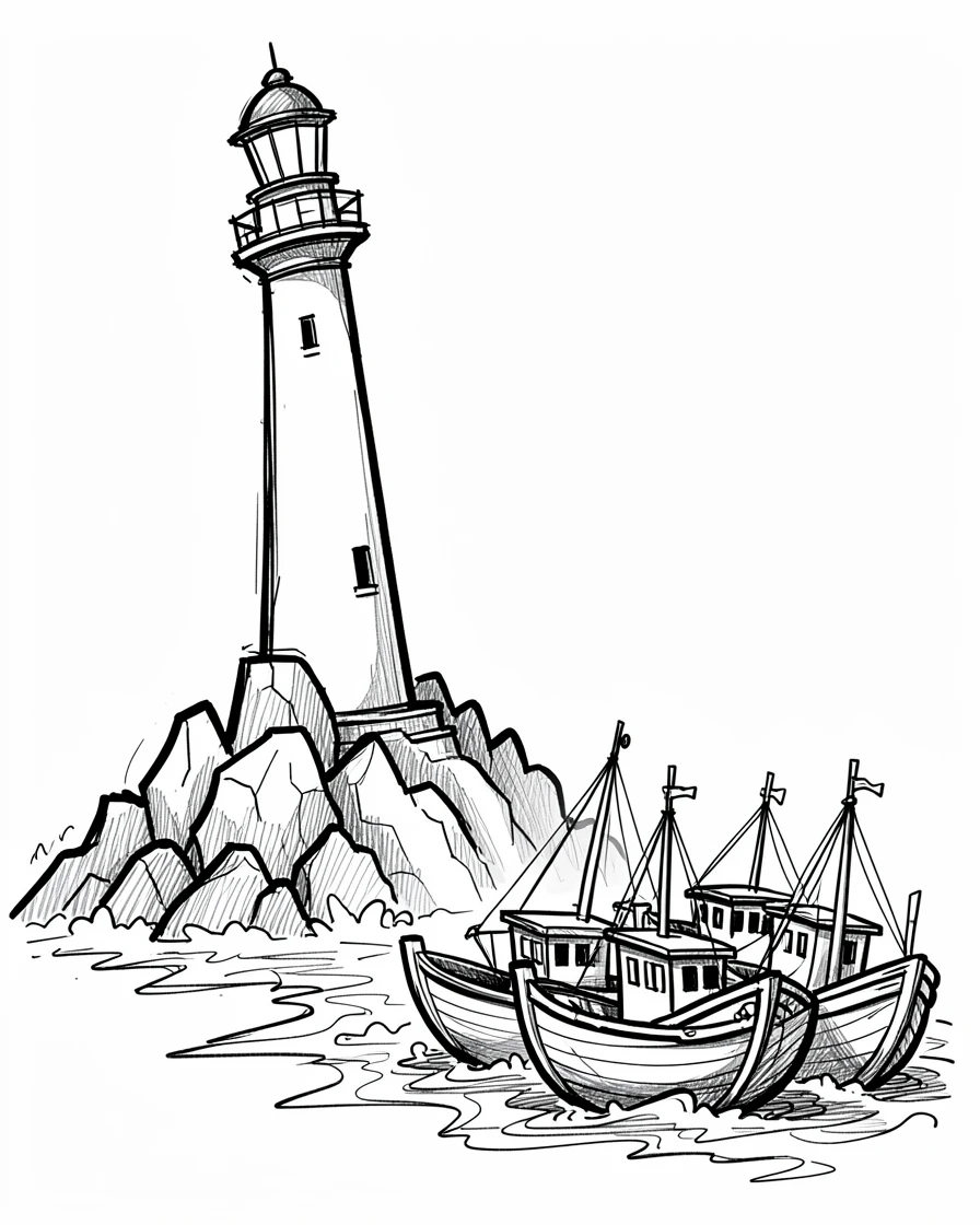A lighthouse on a rocky coastline beside a row of fishing boats.