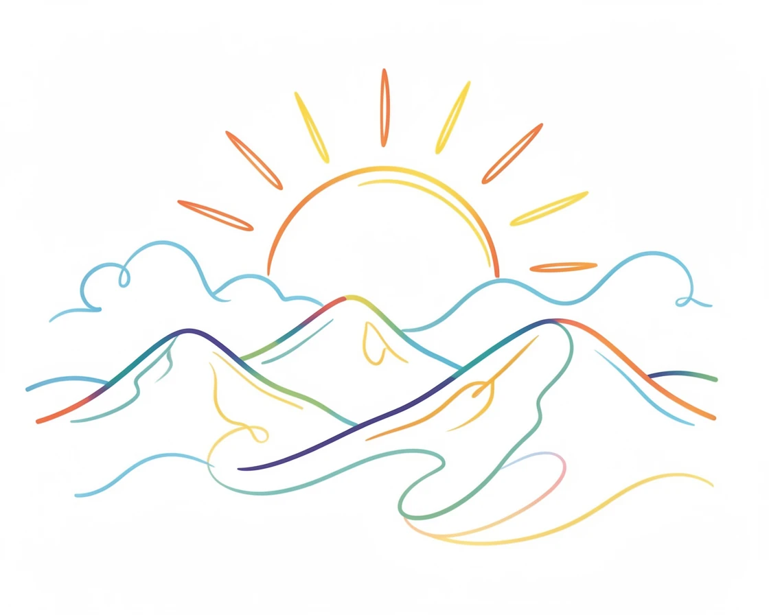 A rising sun breaking over misty mountains, symbolizing a fresh new beginning.