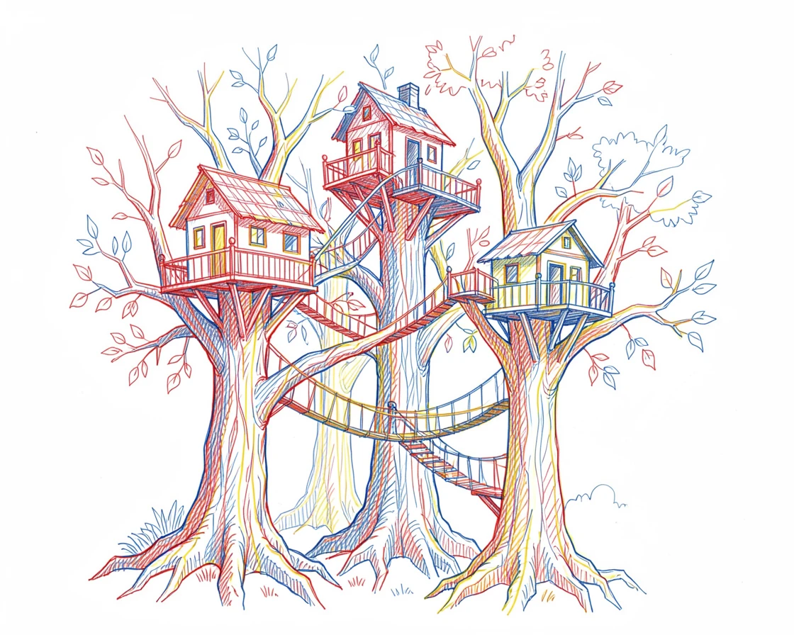 A towering treehouse city connected by rope bridges high in an ancient forest