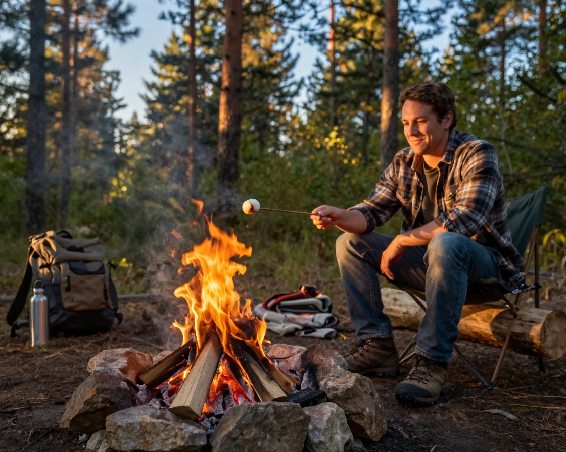 A camper roasting a marshmallow over an open fire pit
