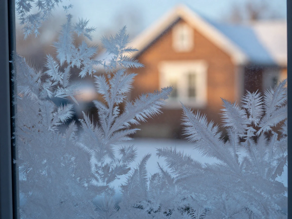 A macro view of frost patterns forming delicate lace across a windowpane