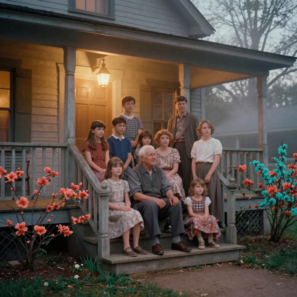 A large family posing on the porch steps of a farmhouse, in low lamplight, as mist rises off the ground, as spring blossoms unfurl, in vivid coral and turquoise hues, from a three-quarter angle.