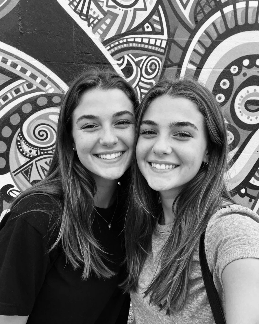Two teenage best friends take a selfie against a scenic backdrop at a colorful street mural.