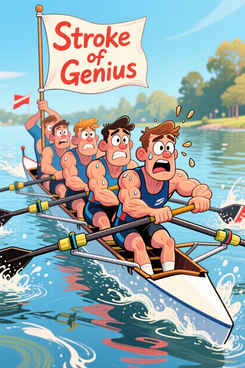 A rowing team pulling in perfect unison, oars slicing through calm water.