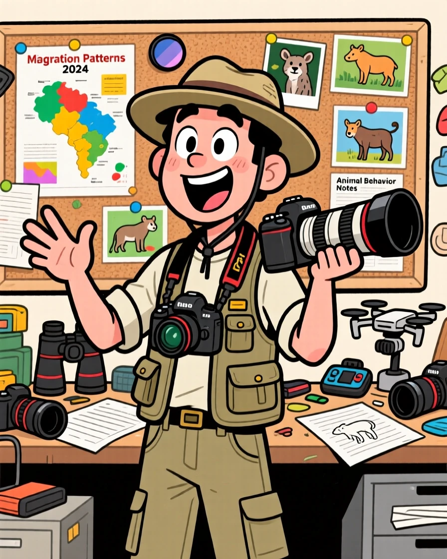A vibrant profession-themed portrait of a passionate wildlife photographer explaining something enthusiastically with wide gestures, surrounded by charts, gadgets, and paperwork.