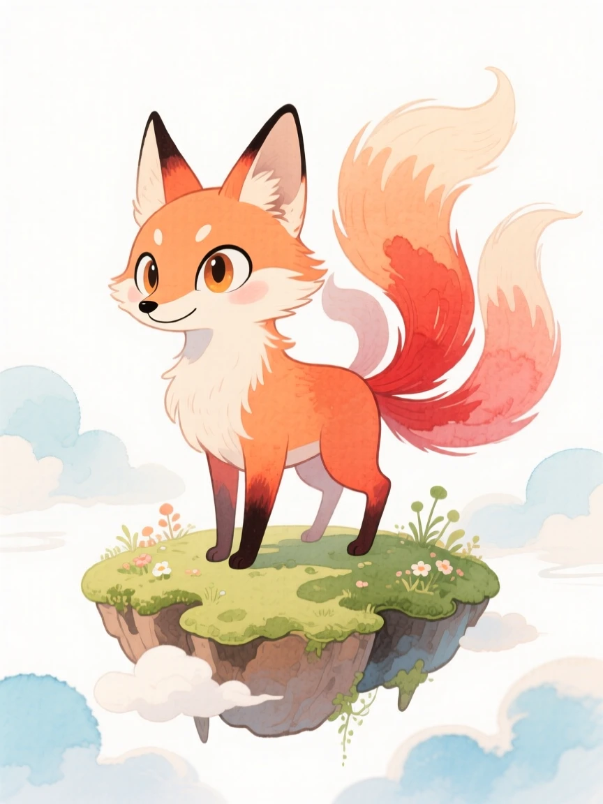 A mythical kitsune standing atop a floating island in the clouds