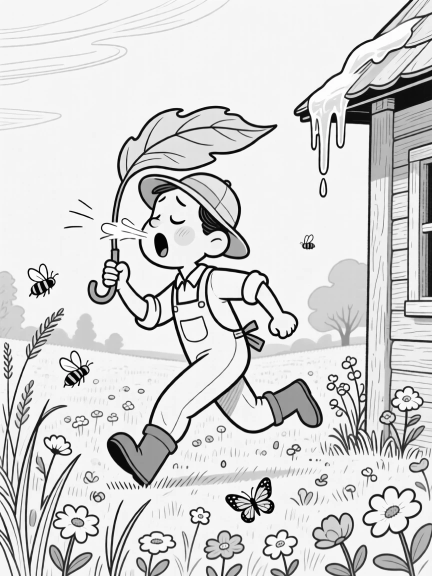 A gardener sneezing amid a cloud of pollen, sprinting for cover under one flimsy leaf as an umbrella, set in a wildflower meadow buzzing with life. Icicles hang from the eaves nearby. The image feels like a breath of fresh outdoor air.