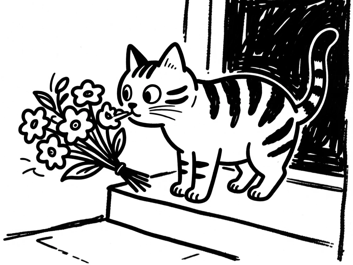 A tabby cat sniffing a bouquet of flowers on a doorstep, nose twitching.