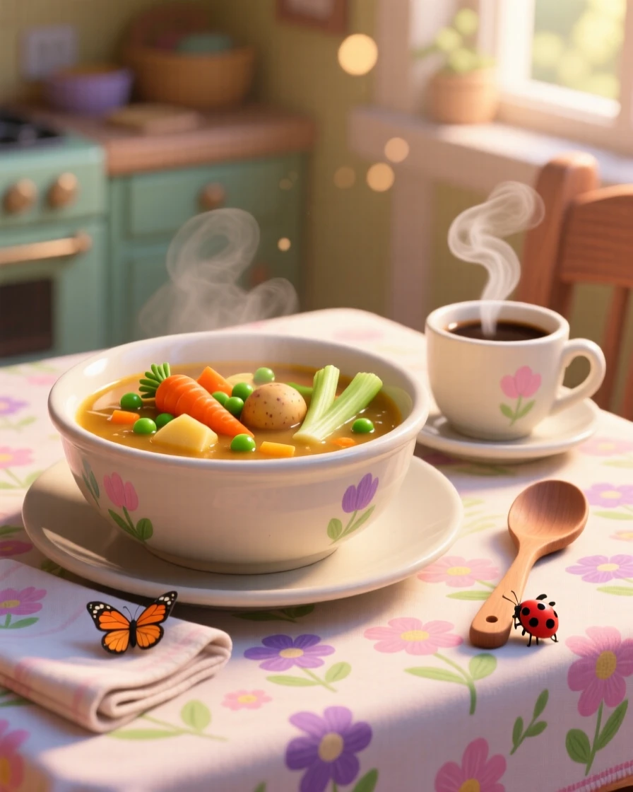 A bowl of hearty vegetable soup sits on a tablecloth decorated with fresh flowers, next to a steaming cup of coffee. The scene feels inviting, warm, and delicious.