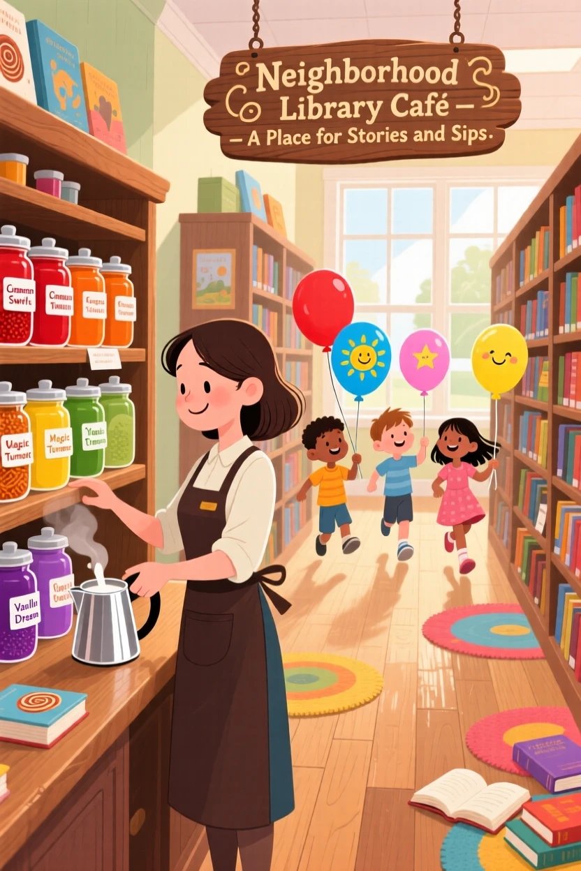 In a quiet neighborhood library, a barista steaming milk is busy organizing a shelf of colorful spice jars, while children skip past with balloons.