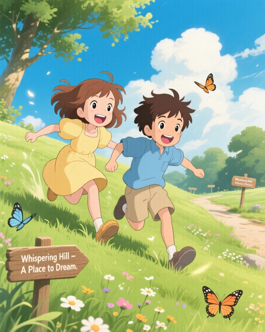 Siblings rolling down a grassy hill together, laughing, the moment full of laughter and energy.